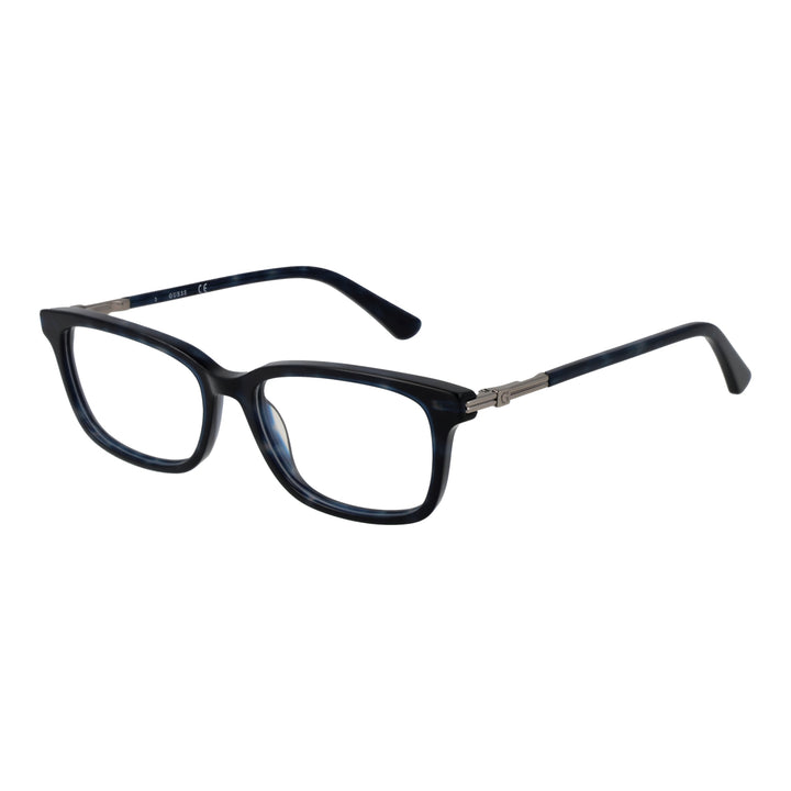 Unisex black rectangular eyeglasses with subtle blue tones, metal hinges and curved temple tips on studio background.