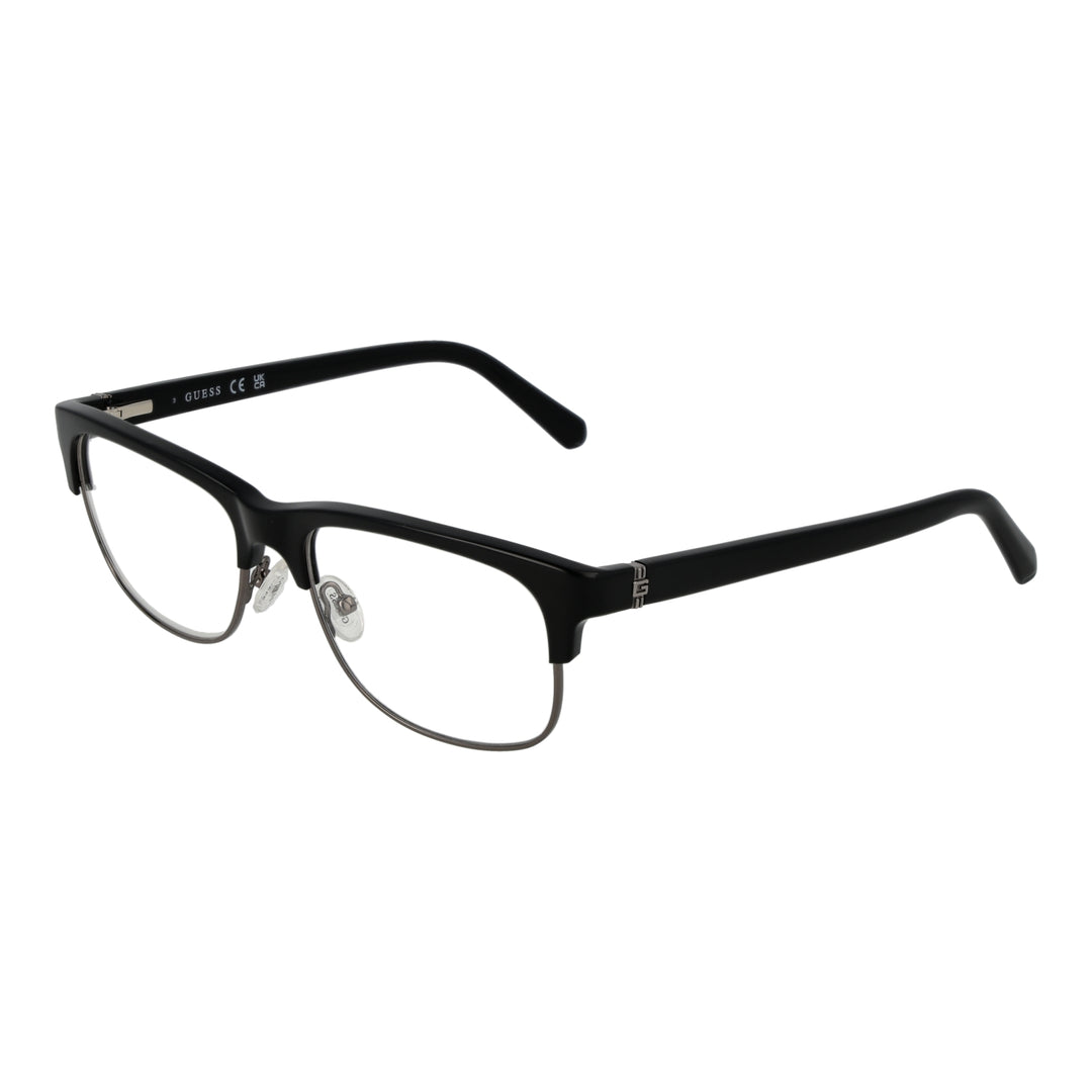 Black and silver semi-rimless eyeglasses with rectangular lenses, plastic upper frame and metal lower rim