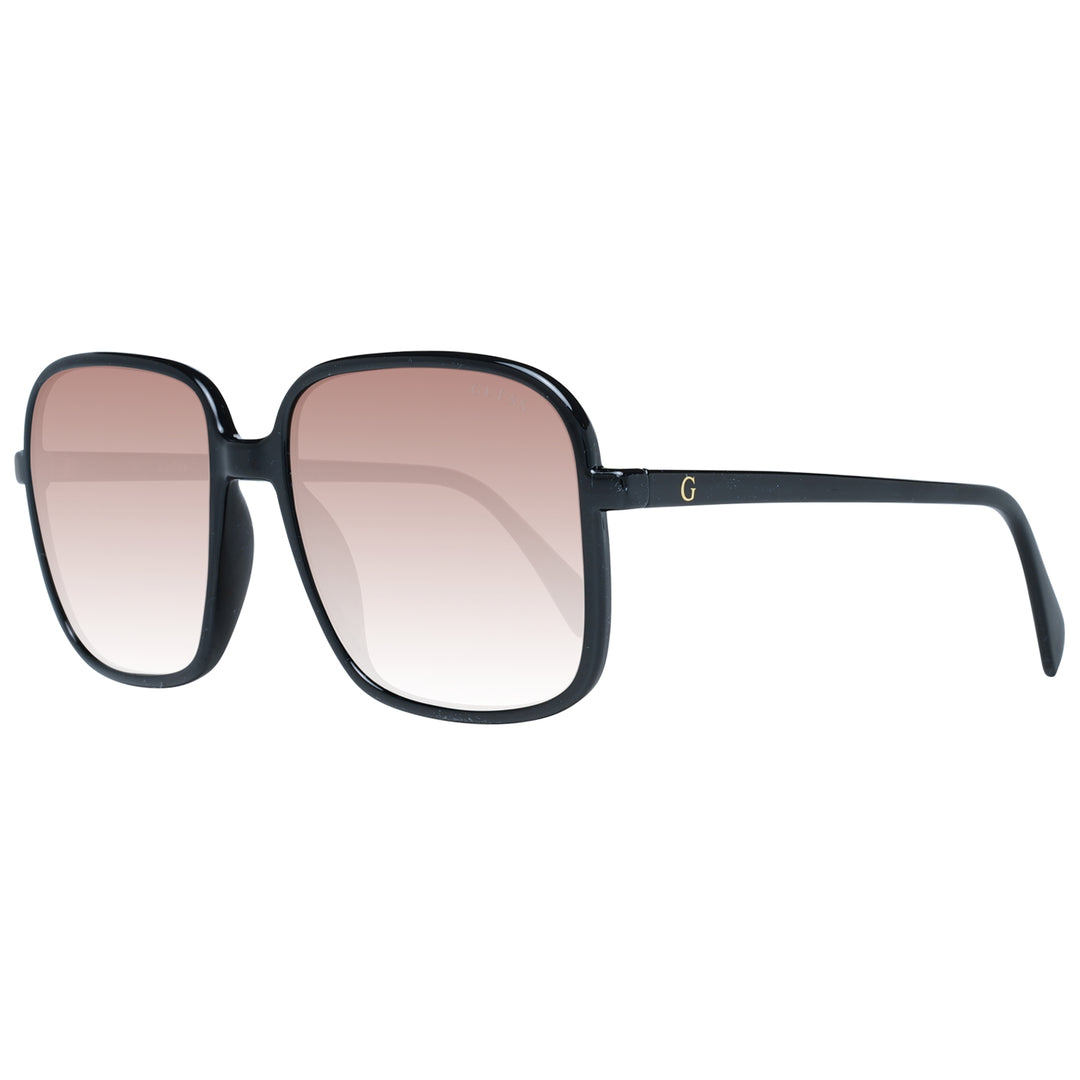 Black square sunglasses with brown gradient lenses, thin arms and gold 'G' logo on arm