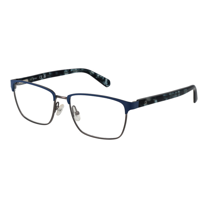 Unisex blue and black semi-rimless eyeglasses with rectangular lenses, silver bridge, patterned temple tips
