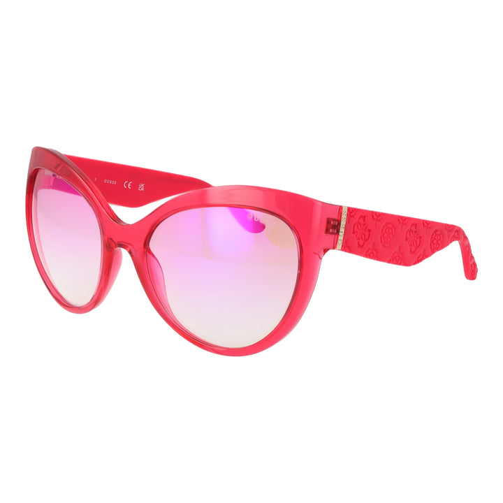 Red plastic cat-eye sunglasses with gradient lenses and embossed patterned temples, metal logo accent on temples