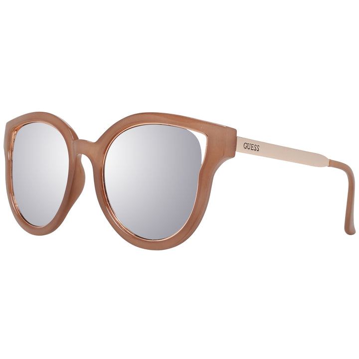 Brown and beige thick plastic round sunglasses with silver mirrored lenses on white background
