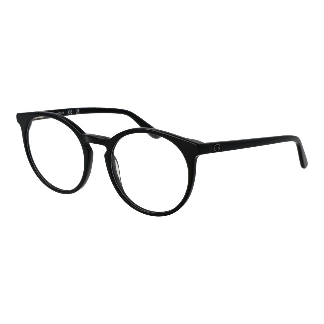 Black plastic full-rim round eyeglasses with integrated nose pads displayed front-facing on white background