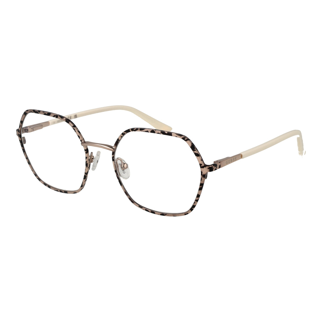 Beige and black tortoise rectangular eyeglasses with metal bridge and clear nose pads on neutral background