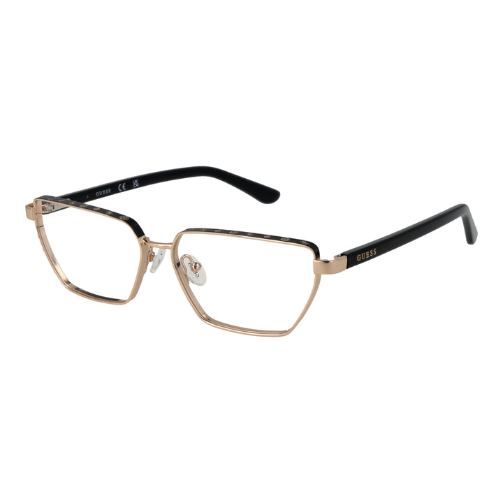 Gold metal and black rectangular eyeglasses for Women with decorative top-frame pattern and adjustable nose pads