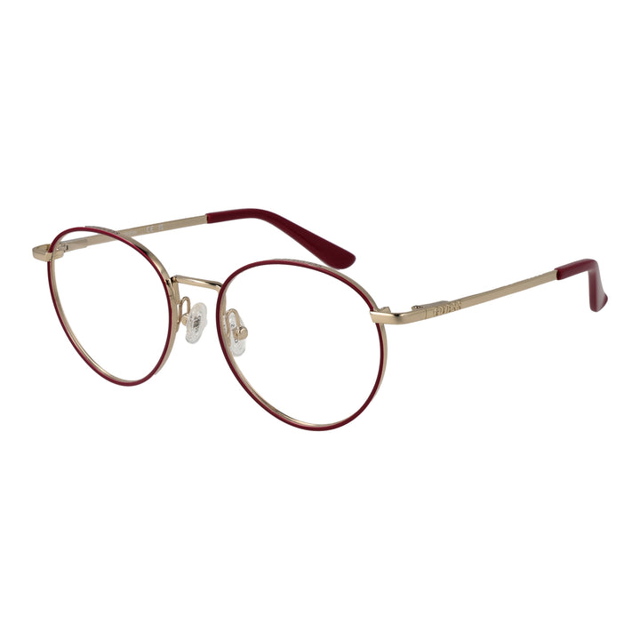 Unisex round eyeglasses in gold metal with red accents, thin frame, adjustable nose pads, and temple tips