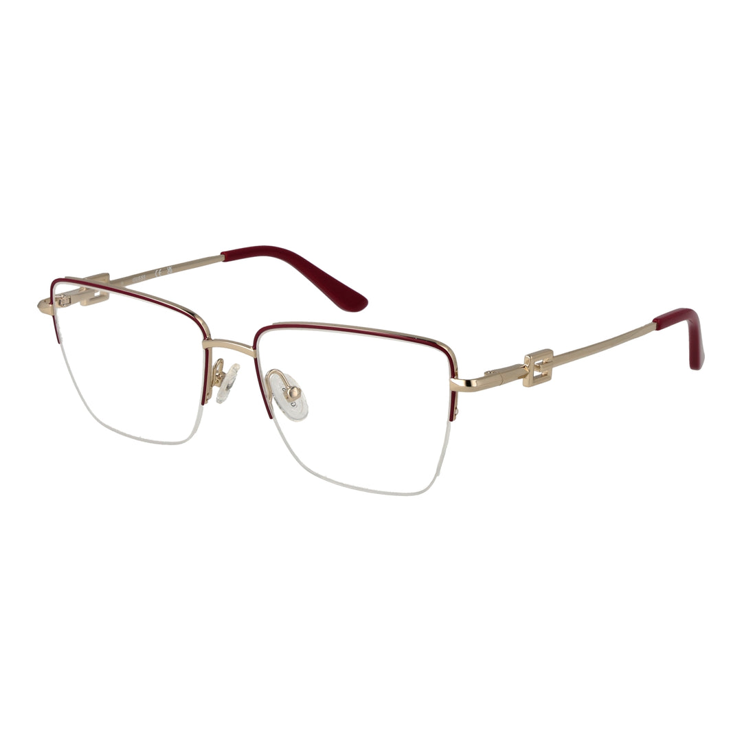 Gold metal semi-rimless rectangular eyeglasses with red top rim and decorative hinge detail on white