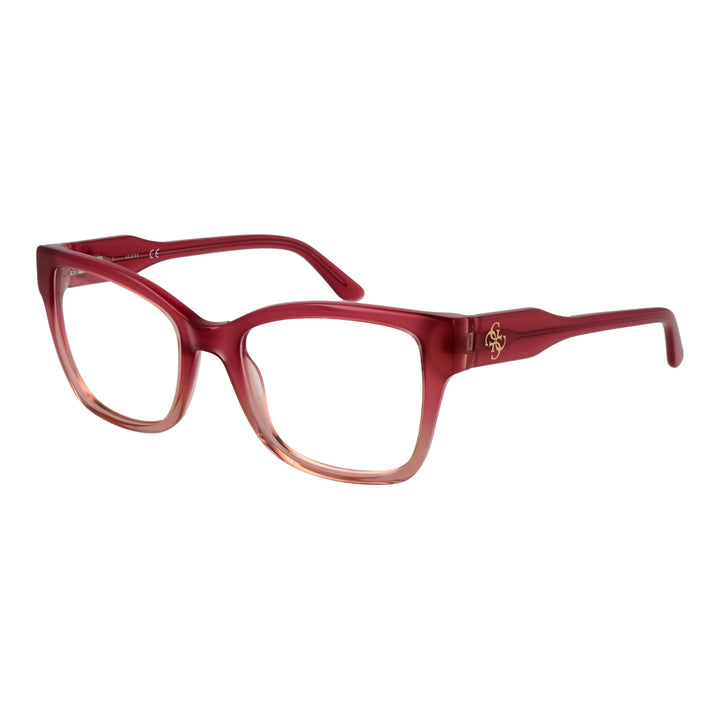 Red-to-peach gradient square eyeglasses with transparent lower rim and logo on temple, modern plastic frame