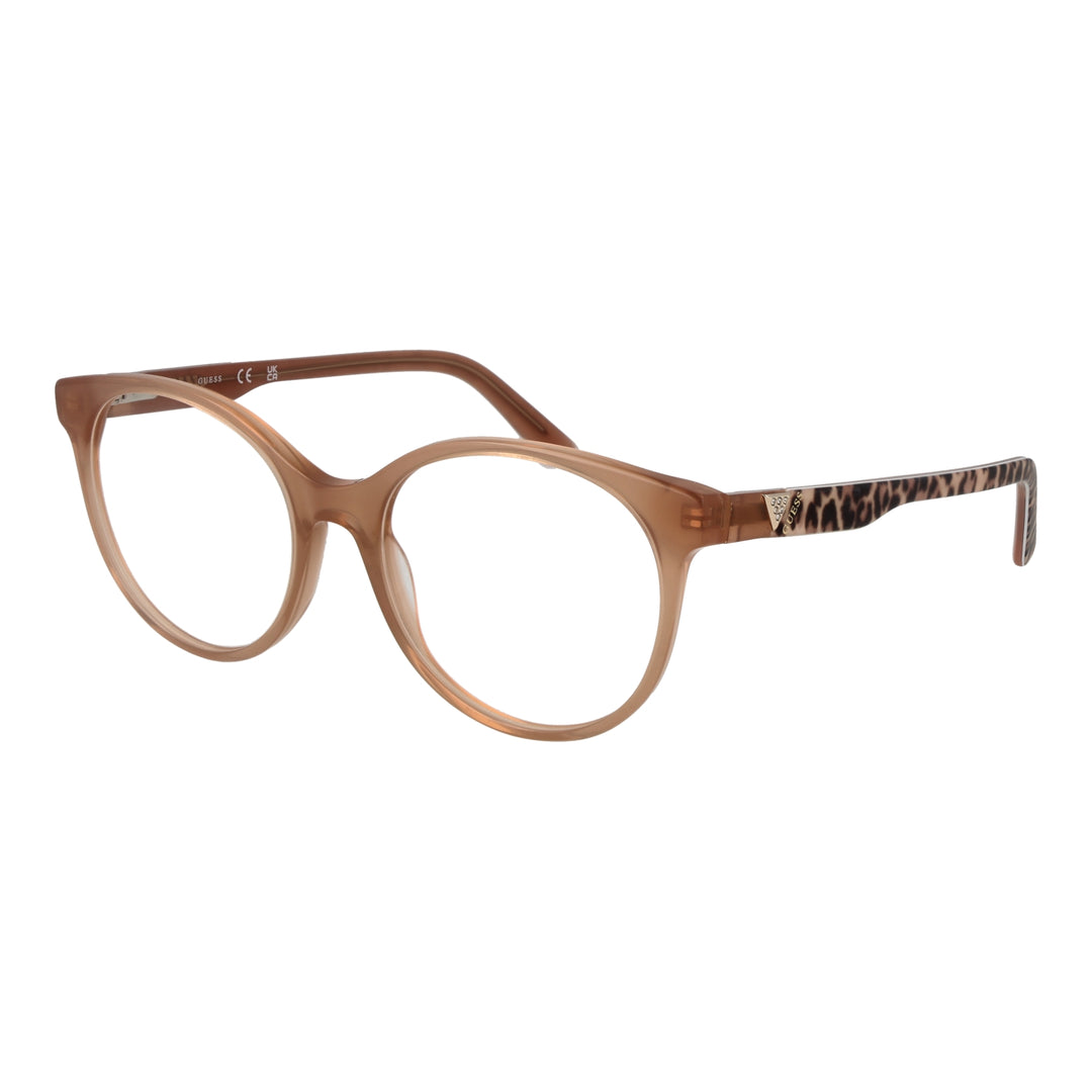 Round transparent eyeglasses with brown leopard-patterned temples and metal logo detail for Women