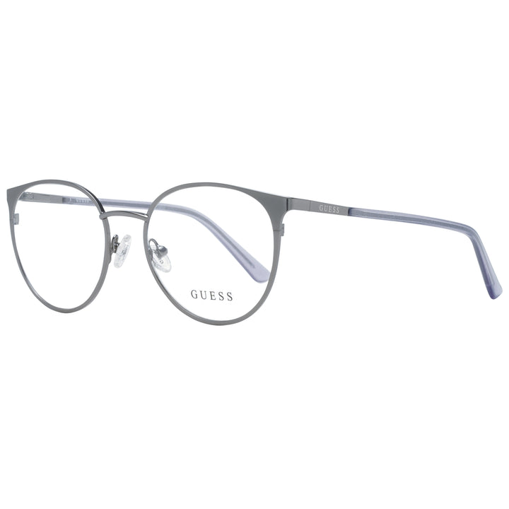 Gray thin metal round eyeglasses on neutral background with adjustable nose pads and minimalist full-rim frame