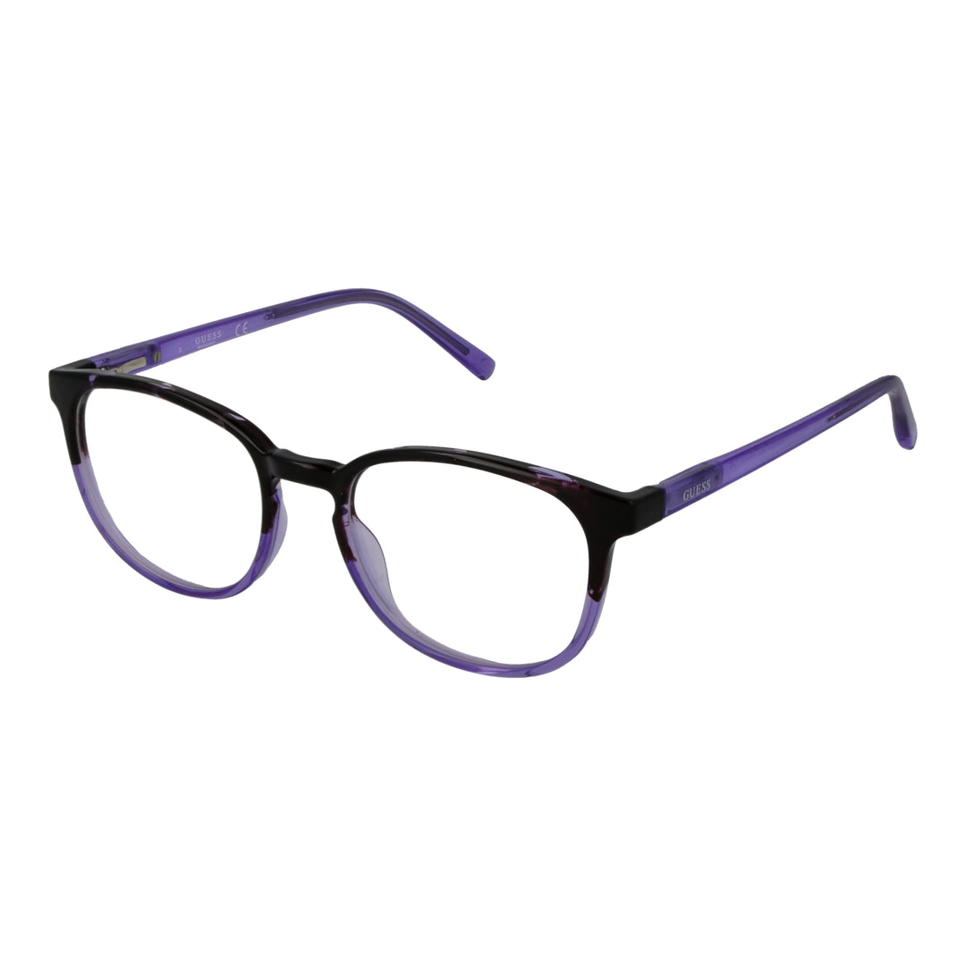 Guess eyeglasses for Women in black and purple full-rim plastic with rectangular lenses on neutral background