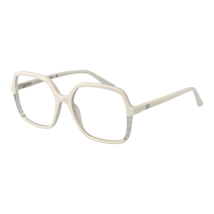Off-white full-rim square eyeglasses for Women with clear lower edges and embedded speckles, modern plastic frame
