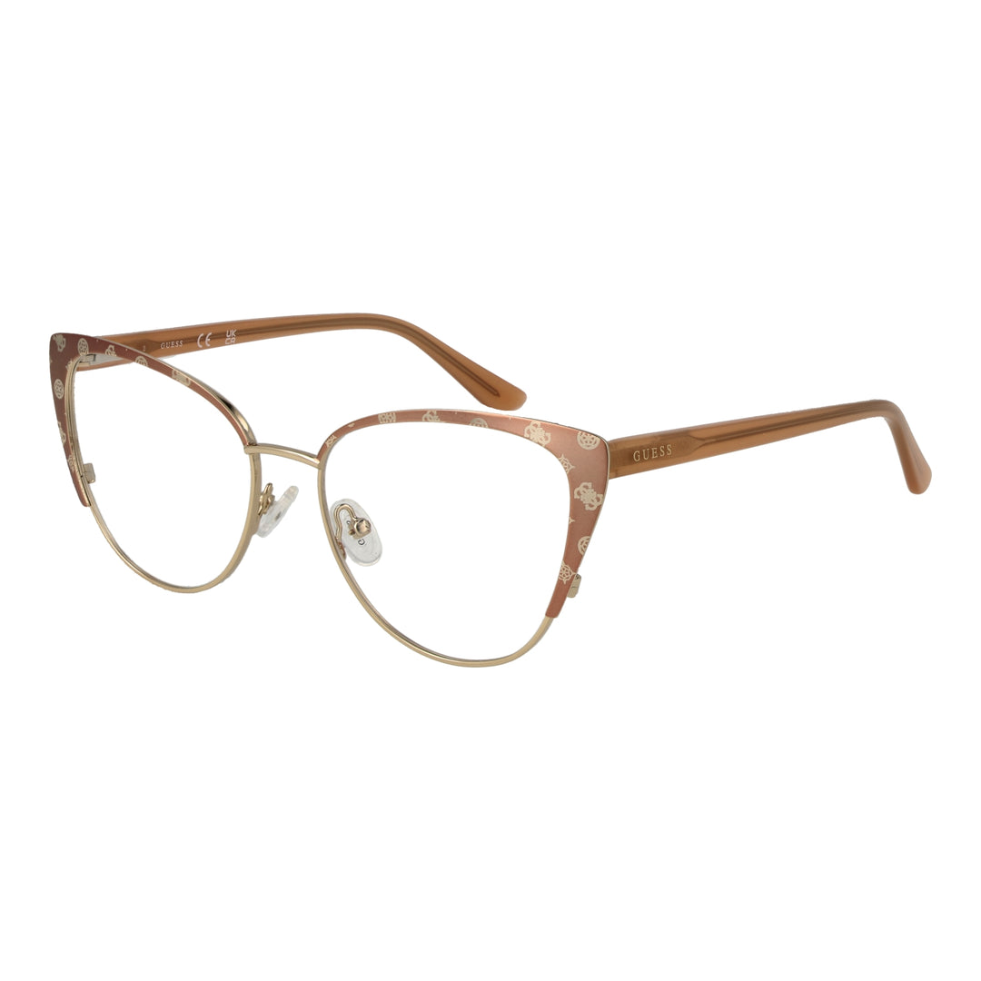 Brown patterned cat-eye eyeglasses with gold temples and clear nose pads on white background