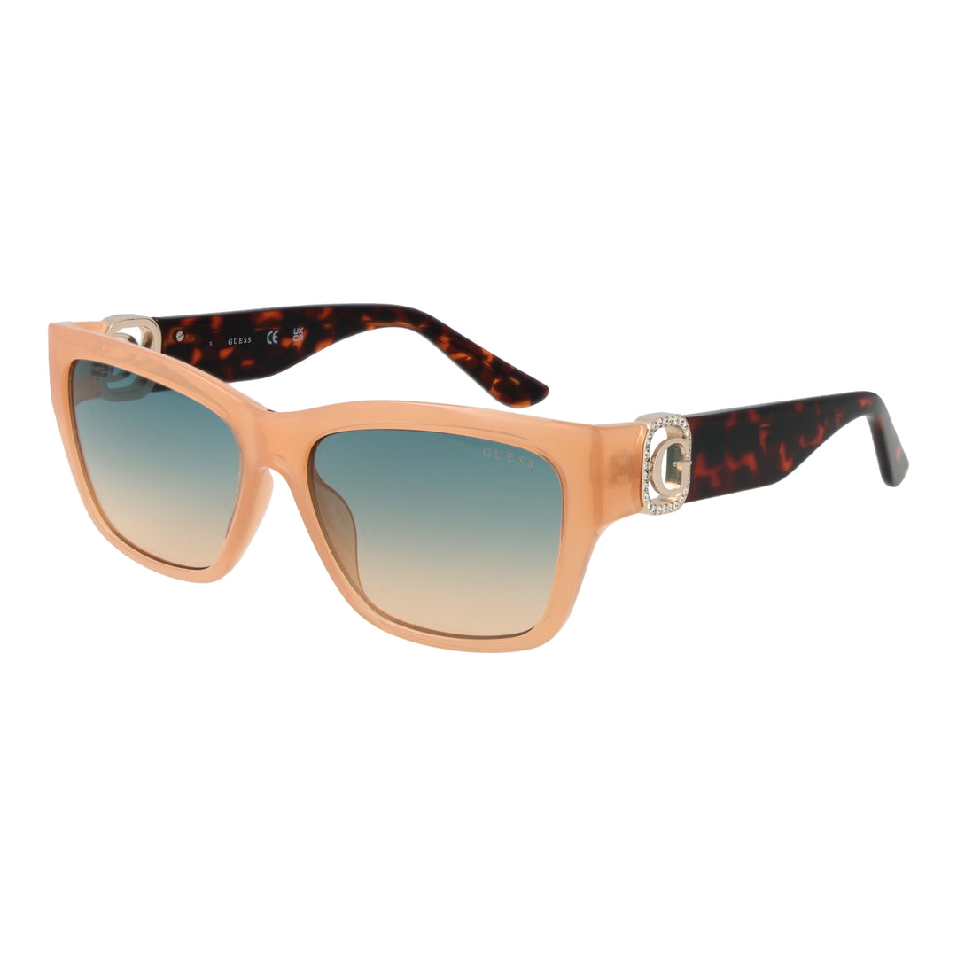 Peach tortoiseshell square sunglasses with gradient lenses and rhinestone 'G' emblem on temples