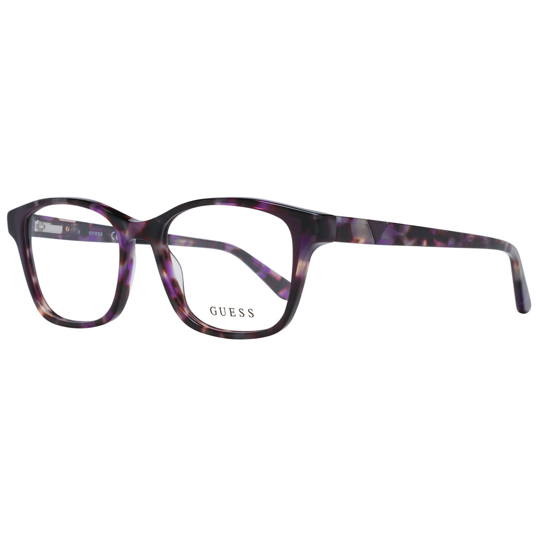 Purple tortoiseshell square eyeglasses in plastic frame with transparent lenses, tapered temples, modern profile