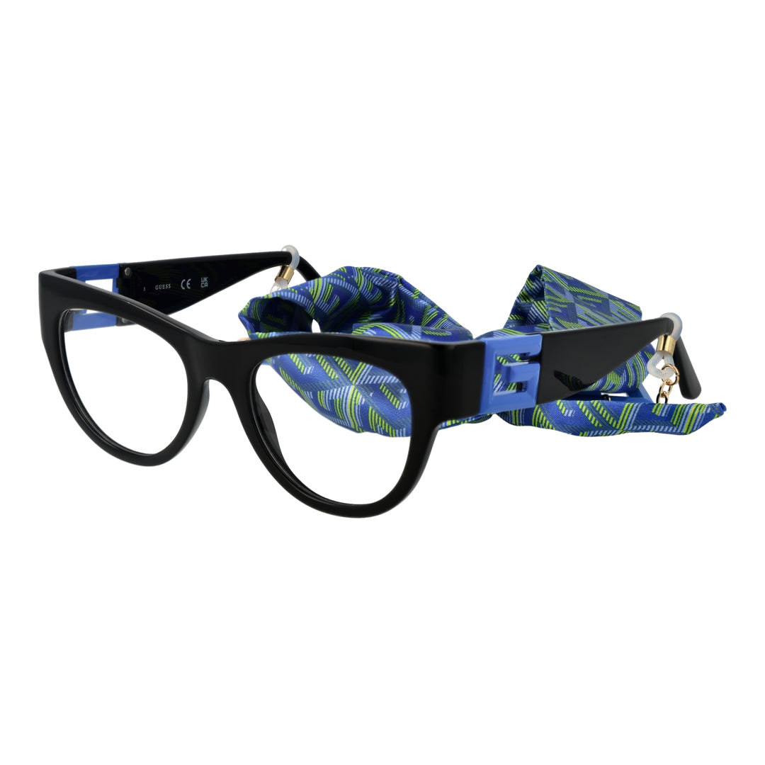 Black, blue, and green retro cat-eye eyeglasses with decorative blue 'E' temples and patterned fabric strap