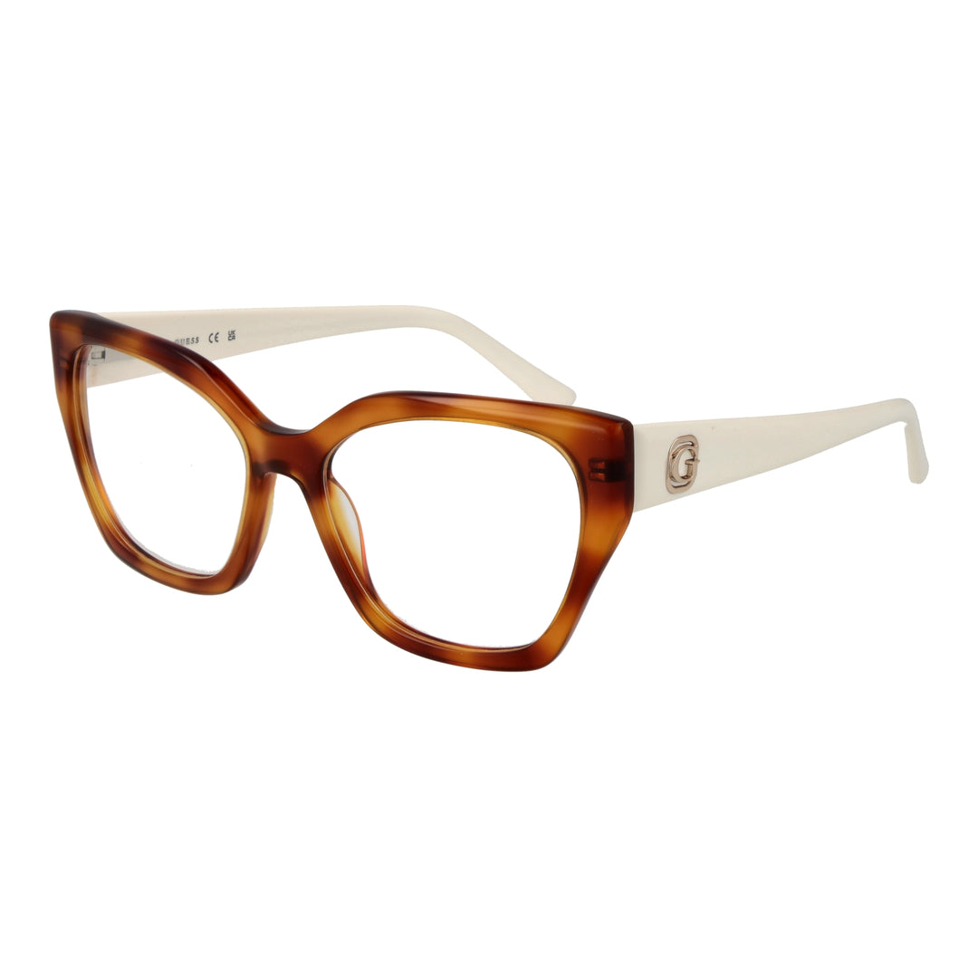Brown and beige retro cat-eye eyeglasses in plastic with transparent lenses and logo temples on neutral background