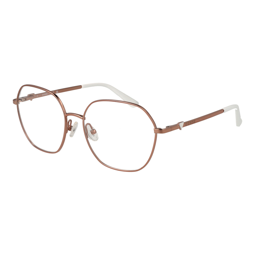 Rose gold hexagonal metal eyeglasses with clear nose pads on white background