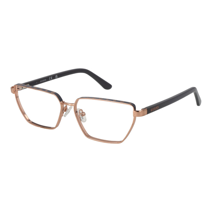Rose gold thin metal rectangular eyeglasses with black temple tips and brand logo on temple on white background