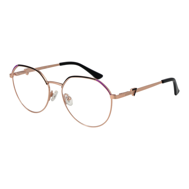 Rose gold thin metal round eyeglasses with black temple tips on white background, modern minimalist design