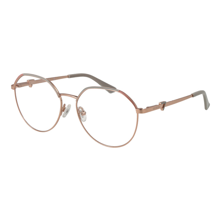 Rose gold thin metal round eyeglasses with adjustable nose pads and white temple tips on neutral background