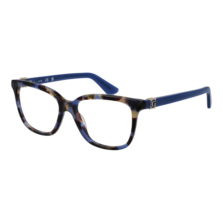 Blue and tortoise patterned square eyeglasses with solid blue temples and metal logo detail