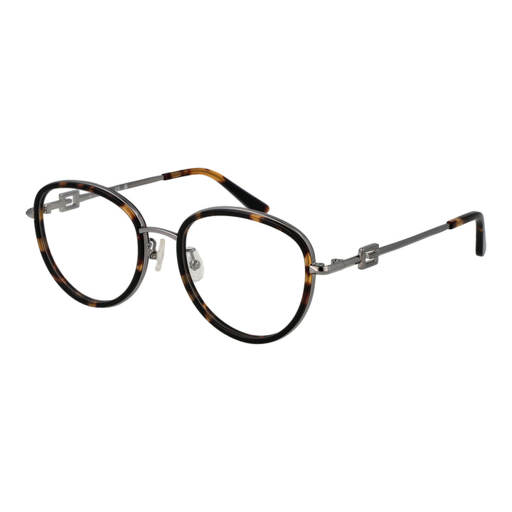 Unisex tortoise-shell round eyeglasses with silver metal temples and decorative temple logo, front three-quarter view