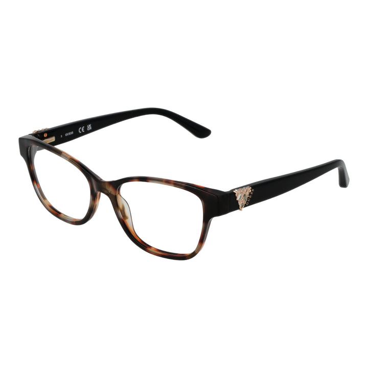 Tortoiseshell rectangular eyeglasses with black temples and metal emblem, modern fashionable Women’s frame.