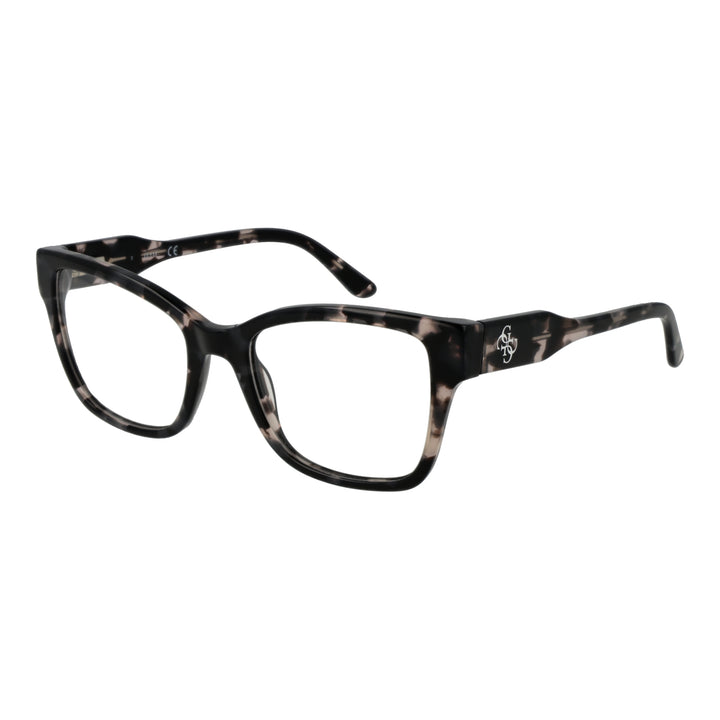 Black and beige tortoiseshell rectangular eyeglasses with thick plastic frame and logo on temple