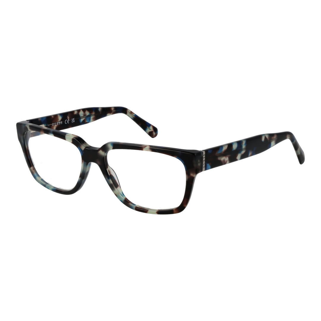 Unisex multicolor tortoiseshell rectangular eyeglasses in plastic frame, black brown blue white pattern