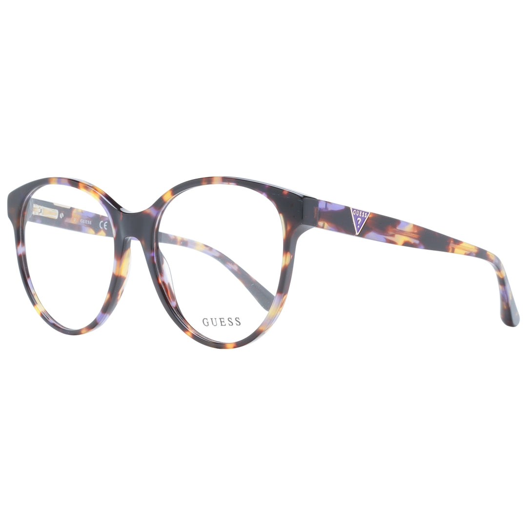Tortoiseshell round eyeglasses in brown, yellow, and purple tones with full-rim plastic frame and logo temple