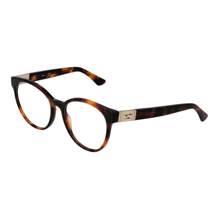Guess tortoiseshell round eyeglasses for Women with gold temple accents and brown-black pattern
