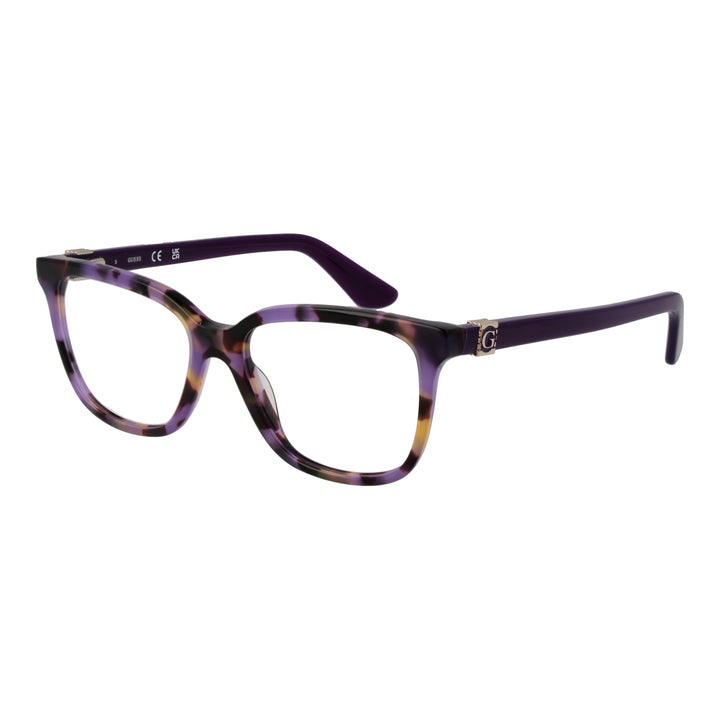 Purple black yellow tortoiseshell square eyeglasses with metallic logo on temples against white