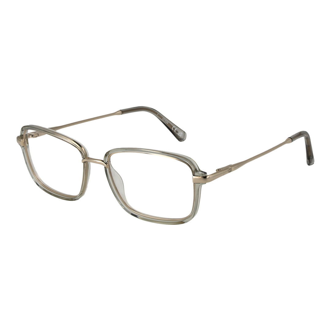 Unisex transparent beige rectangular eyeglasses with thin gold metal temples and plastic temple tips on white background