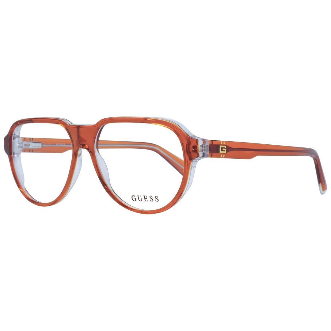 Transparent orange rectangular eyeglasses in plastic with gold 'G' logos on the temples, front and side view