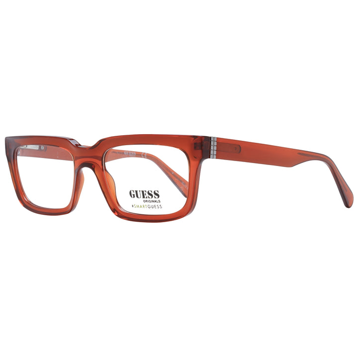 Unisex transparent orange rectangular eyeglasses in plastic with silver-striped temples against neutral background