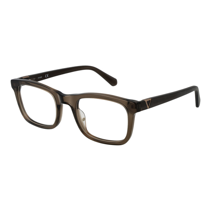 Transparent brown plastic rectangular eyeglasses with metal triangle detail on temples, Unisex modern style