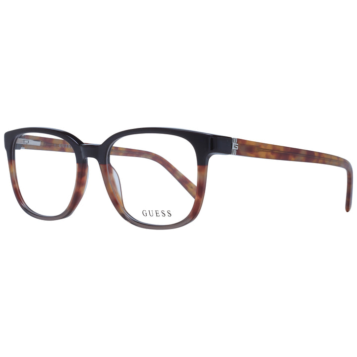 Unisex two-tone black and tortoiseshell rectangular eyeglasses in plastic with metal hinge detail on neutral background
