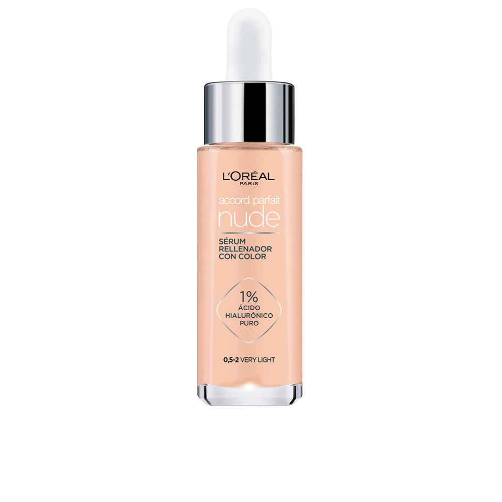 30 ml tinted hyaluronic serum in pump bottle, light luminous finish