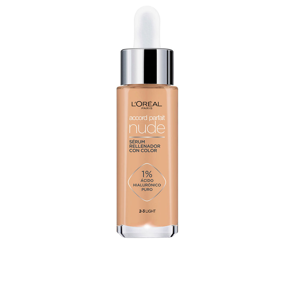 30 ml pump bottle of lightweight tinted hyaluronic serum, natural luminous finish