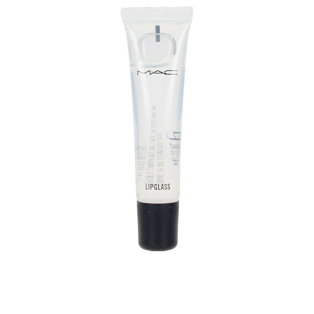 Mac Sheer high-shine lip gloss wand held above glossy lips, clear formula reflecting light