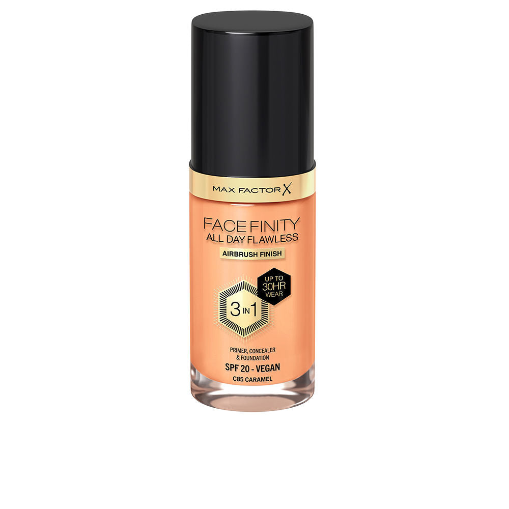 30 ml tube of 3‑in‑1 matte foundation in caramel shade, recyclable packaging