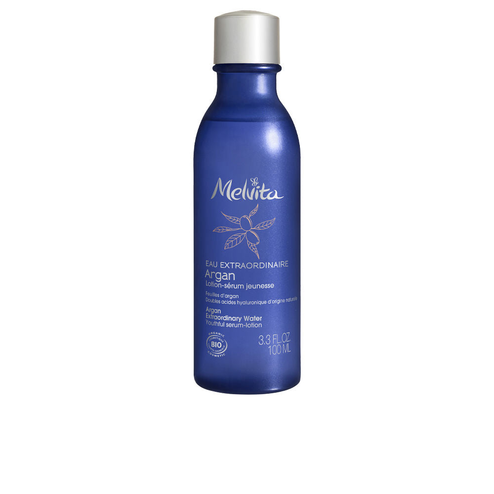 Clear 100 ml serum-lotion bottle, lightweight texture, argan leaf key ingredient