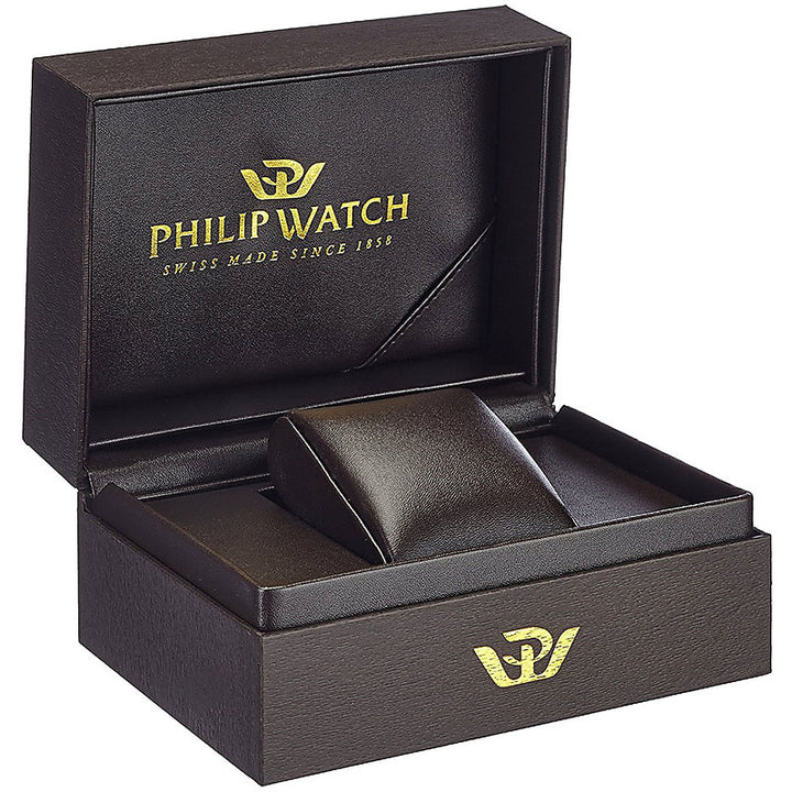 Silver and rose gold analog watch on leather strap showing black and white dial with date display