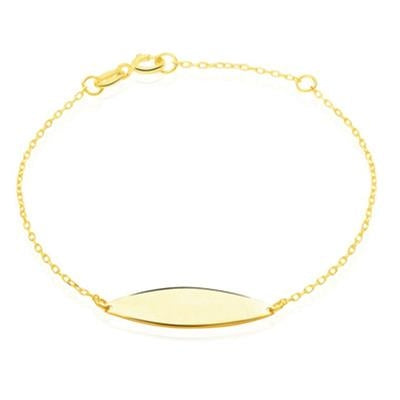 Gold chain bracelet with small oval plate and lobster clasp on neutral background