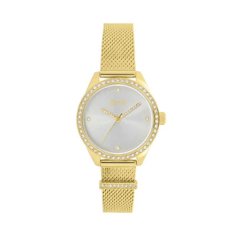 Stroili Gold Mesh Watch: women's watch with crystal-set bezel and gold mesh strap