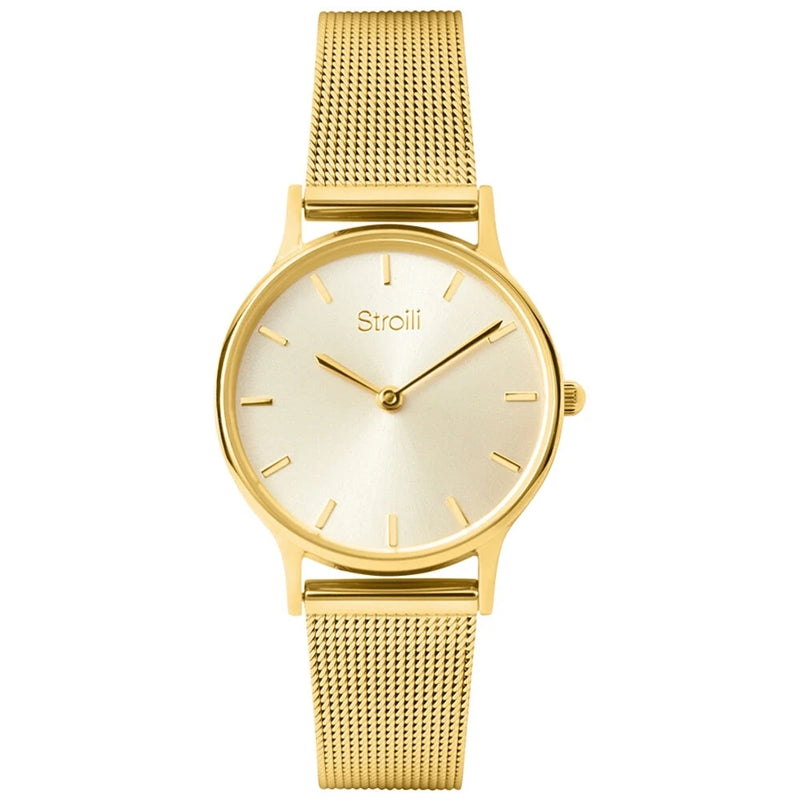 Gold-tone minimalist wrist watch on mesh bracelet, clean dial without numerals, three-hand display