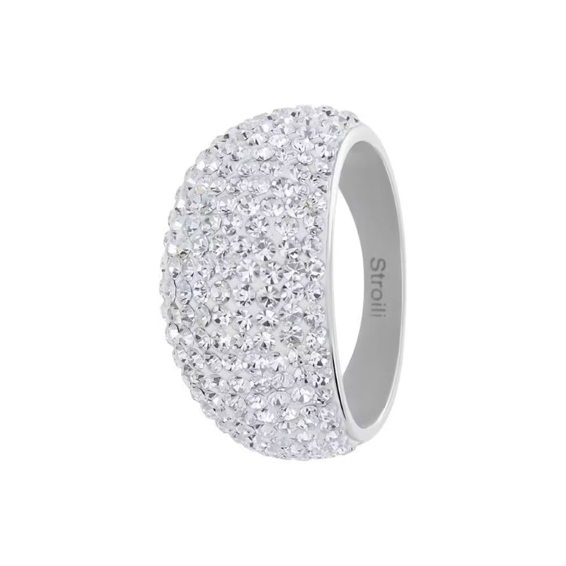Silver domed ring covered in clear pavé crystals on a polished silver band, high sparkle close-up
