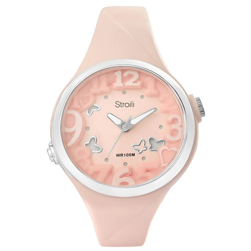 Stroili Silver Pink Wristwatch: Pink dial women’s wristwatch with silver bezel, silicone strap, butterflies and heart accents
