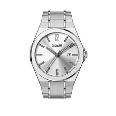 Silver stainless steel wrist watch on metal bracelet with clean classic dial and date display